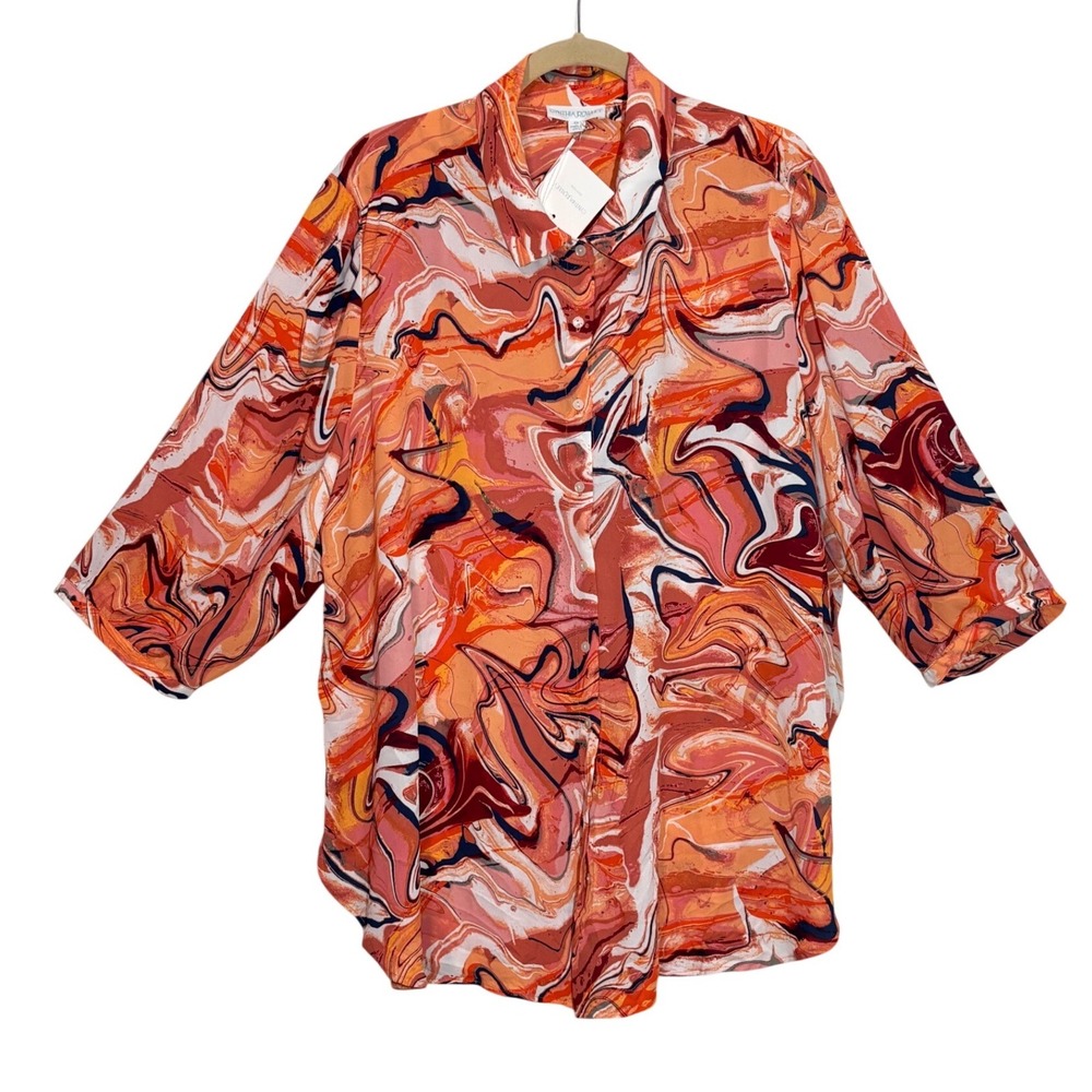 Cynthia Rowley Orange Marble Swirl Button Down Shirt 2X Plus Size 3/4 Sleeve NEW